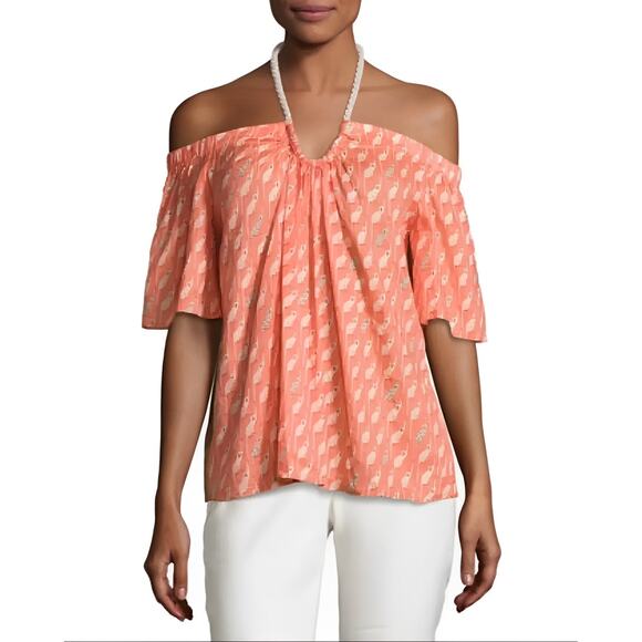 BAILEY/44  $158 Monkey Print Short Sleeve Halter Top Salmon Rope Tie Medium - Picture 1 of 5